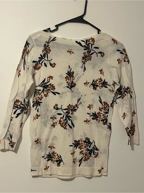 Ann Taylor Cream Floral Crewneck Sweater with Brown & Black Print